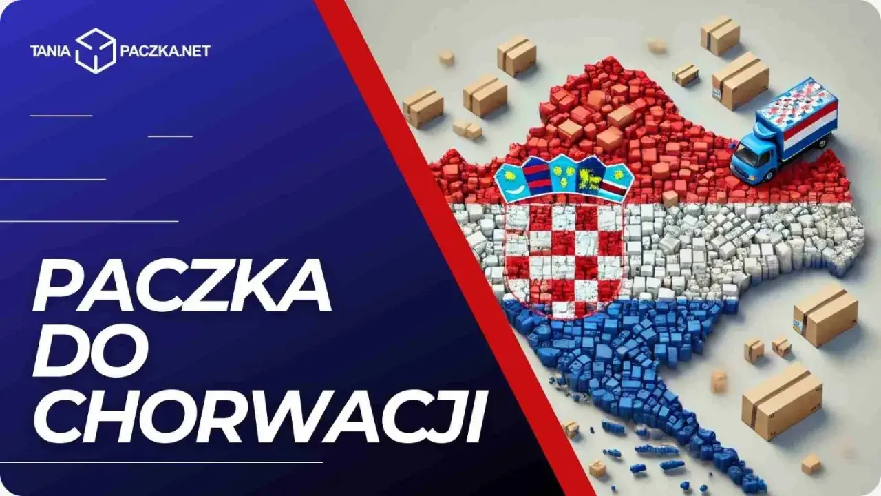 Mapa Chorwacji ułożona z paczek, z ciężarówką i mniejszymi przesyłkami. Twoja paczka do Chorwacji dotrze szybko i bezpiecznie.