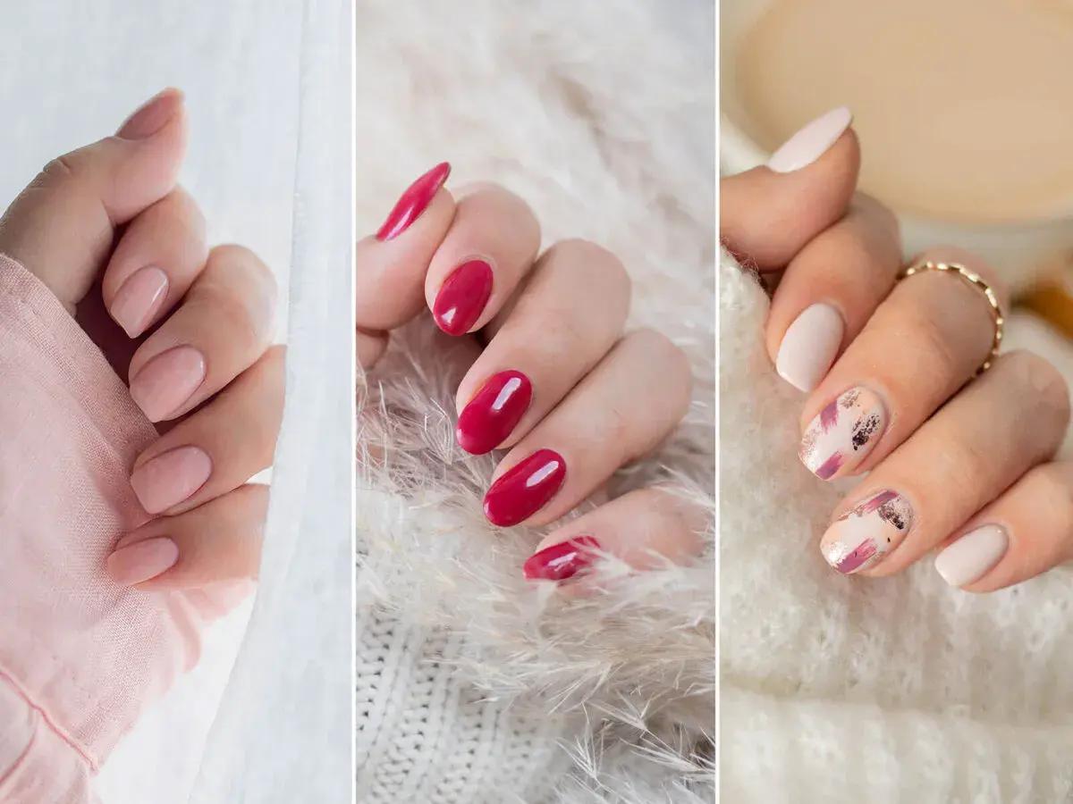 Inspiracje na to, jak zrobic ladne zdjecia paznokci: delikatne róże, intensywna czerwień i subtelny manicure z akcentami złota.