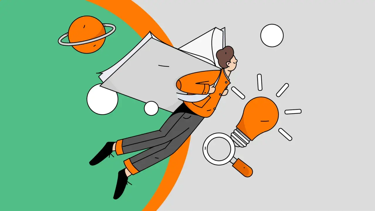 Ilustracja mężczyzny lecącego z książką, żarówką i lupą.