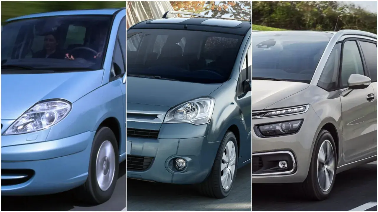 Trzy generacje Citroena 7 osobowego: błękitny minivan z kobietą za kierownicą, grafitowy z panoramicznym dachem i srebrny z nowoczesnymi światłami.