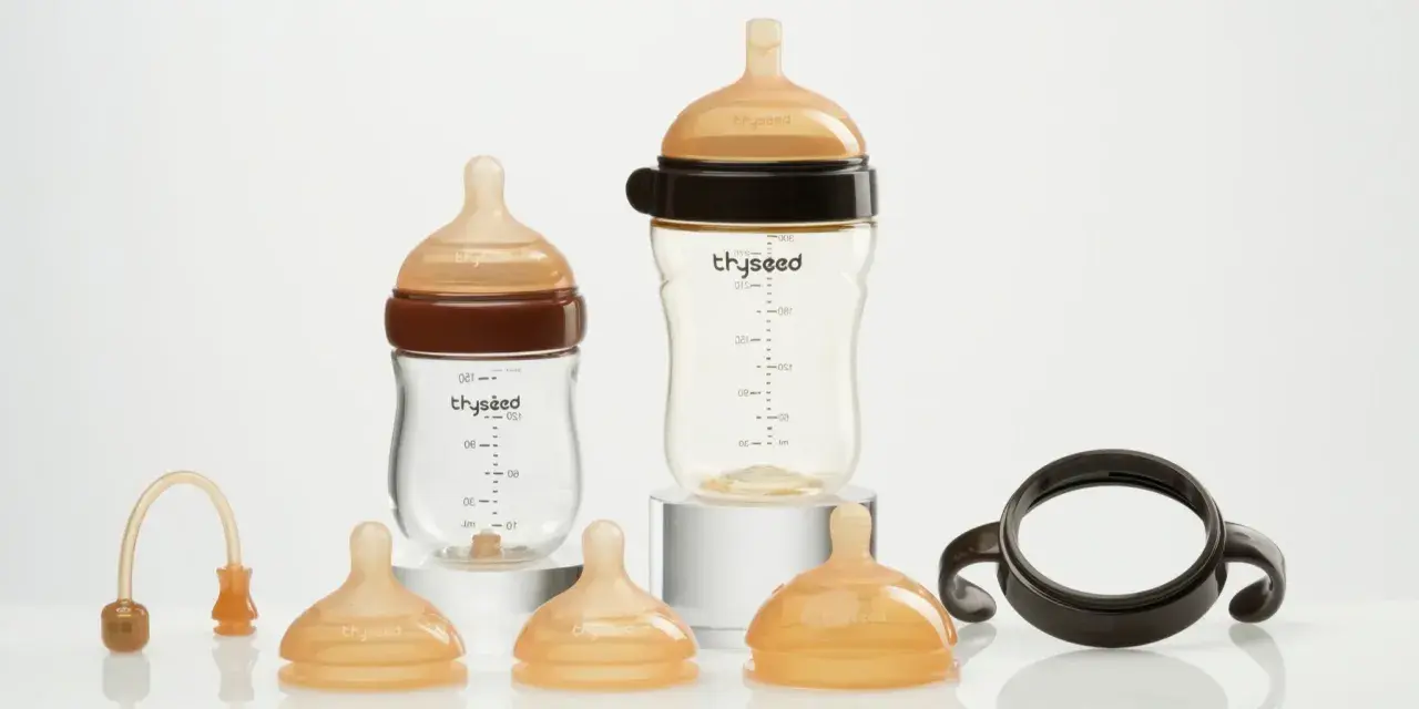 Two baby bottles and accessories. Consider how often to replace plastic baby bottles for safety.