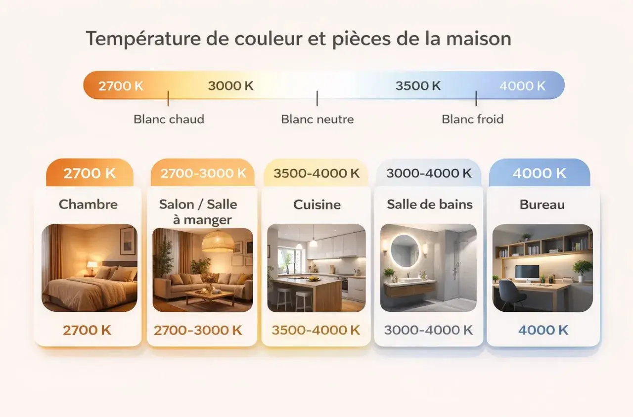 Guide des températures de couleur pour chaque pièce : chambre (2700K), salon (2700-3000K), cuisine (3500-4000K), salle de bain (3000-4000K), bureau (4000K).
