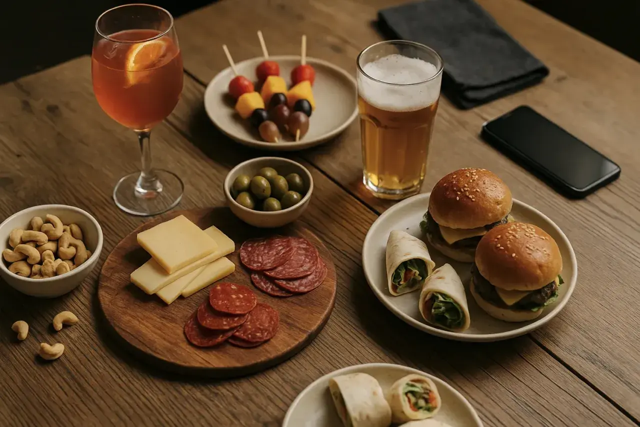 En härlig buffé med sliders, wraps, ost, salami, nötter, oliver, fruktspett, öl och en drink. Perfekt för en AW med jobbet.