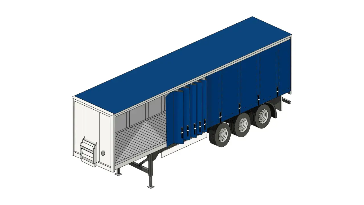 Ein blauer Planen-Auflieger mit geöffneten Seitenplanen, der zeigt, was ein Trailer für den Gütertransport bedeutet.