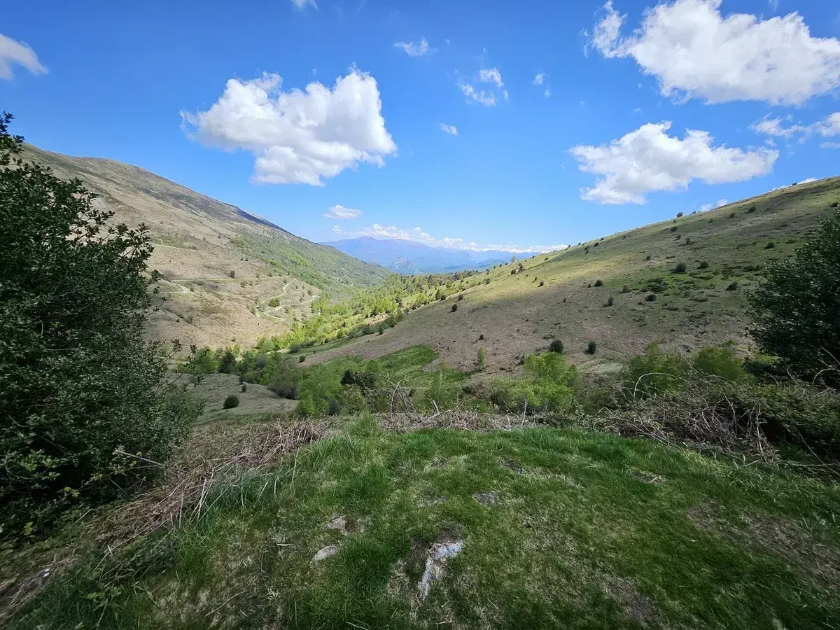 Vue panoramique de la vallée d'Oueil sous un ciel bleu éclatant, avec des montagnes lointaines et des pentes verdoyantes parsemées d'arbres.