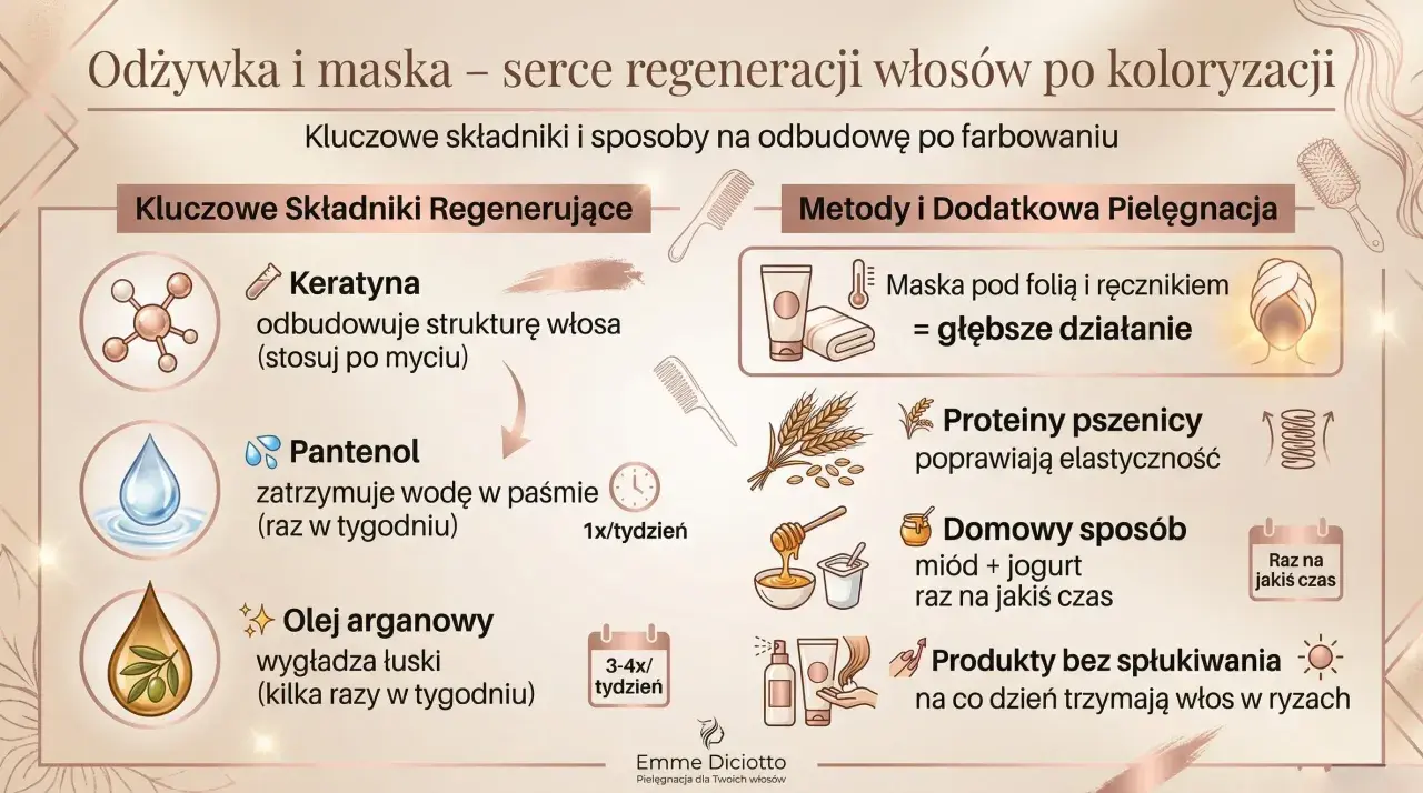 Kluczowe składniki i metody pielęgnacji włosów po koloryzacji: keratyna, pantenol, olej arganowy, maska pod folią, proteiny pszenicy, domowe sposoby i produkty bez spłukiwania.
