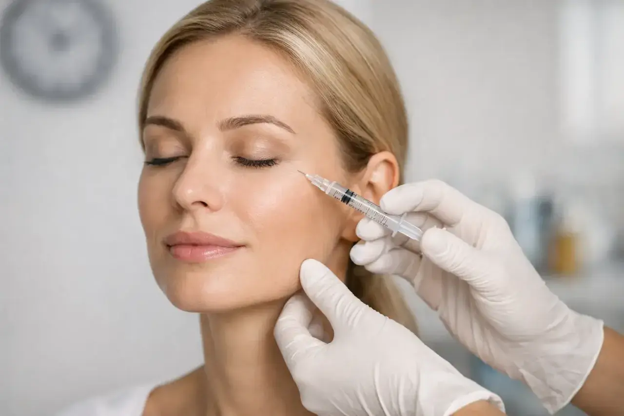 En kvinna får en injektion nära ögat. En diskussion om botox hur ofta kan vara relevant för att upprätthålla resultatet.