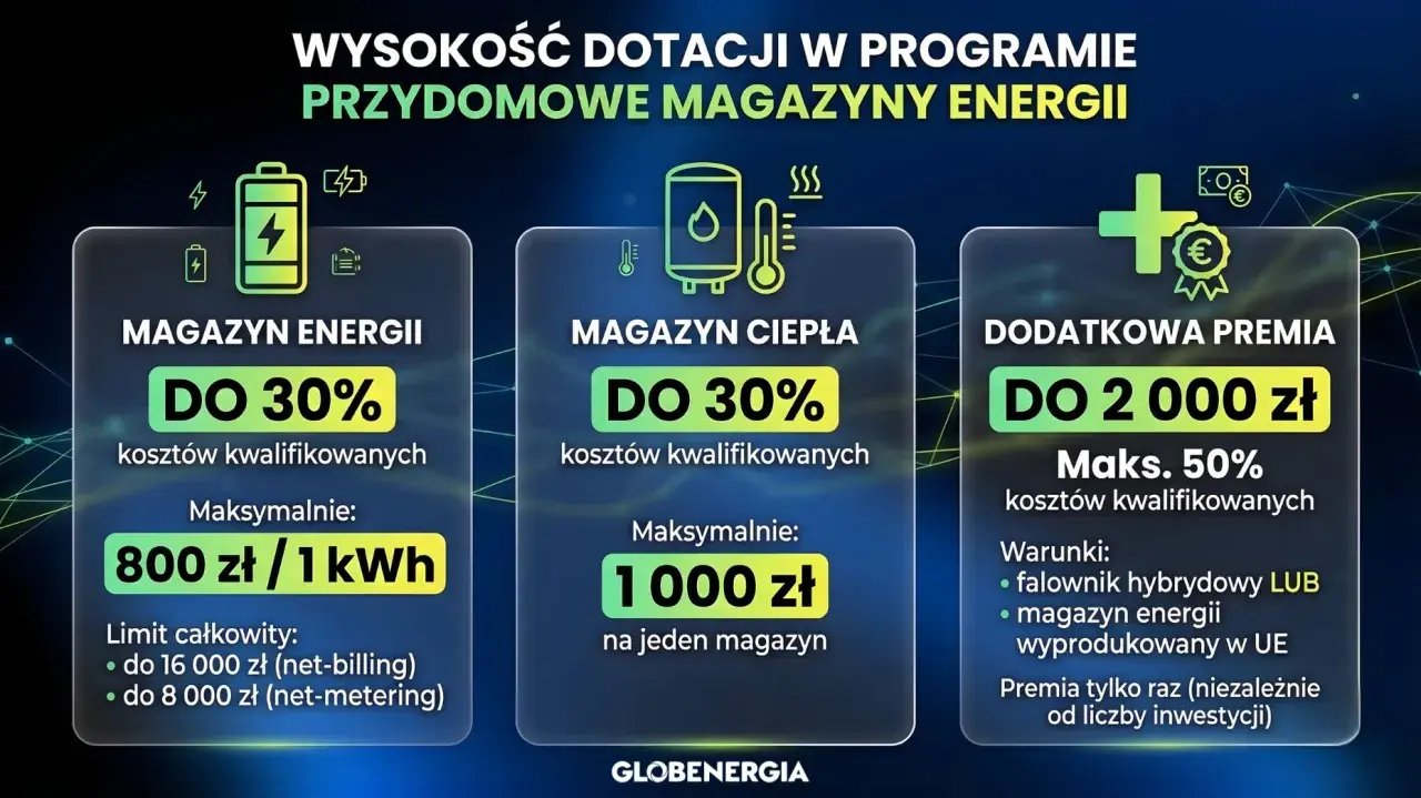 Dofinansowanie na magazyn energii: do 30% kosztów, maks. 800 zł/kWh. Dodatkowa premia do 2000 zł.