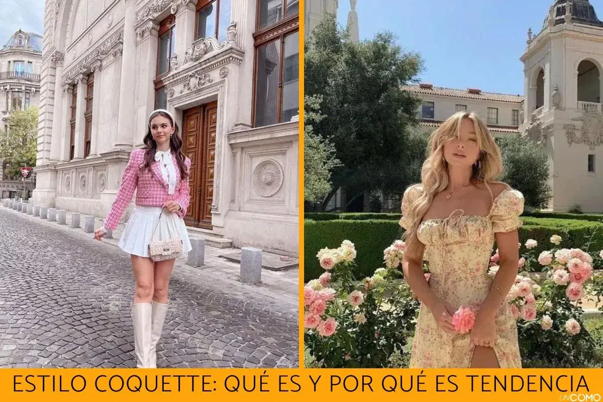 Chica con estilo coquette en traje rosa y blanco, y otra con vestido floral, rodeada de rosas.