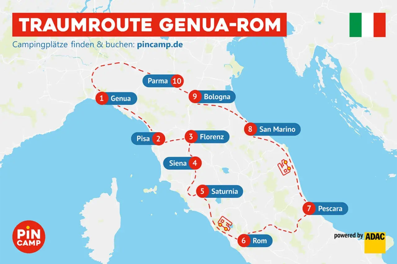 Traumroute Genua-Rom: Karte mit Stationen wie Pisa, Florenz, Rom. Tolle italien reisetipps für Camper.