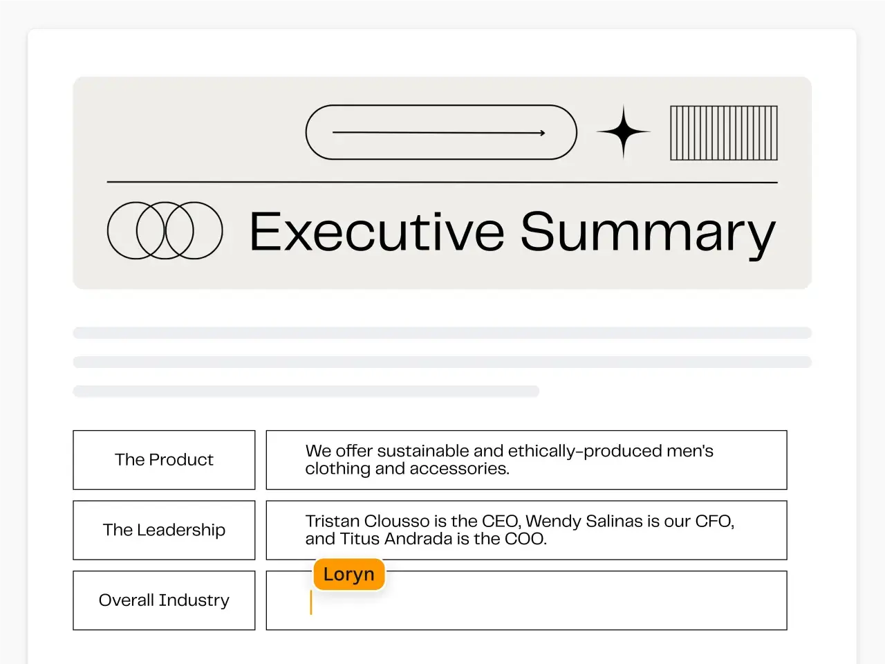 Executive Summary: traduzione di un riassunto aziendale con dettagli su prodotto, leadership e settore.