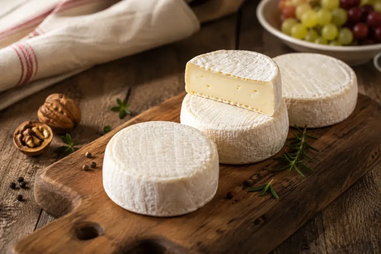 Formaggi rotondi con crosta bianca, uno tagliato rivela un interno cremoso. Perfetti per chi cerca un tuma lattosio gustoso.