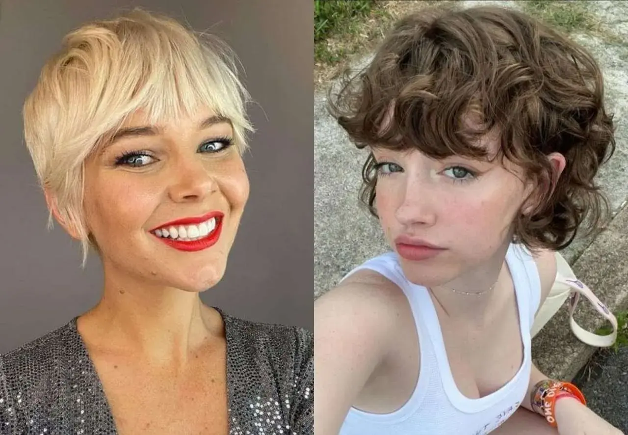 Dos mujeres con un corte pixie corto y flequillo. Una rubia con labios rojos y otra morena con rizos.