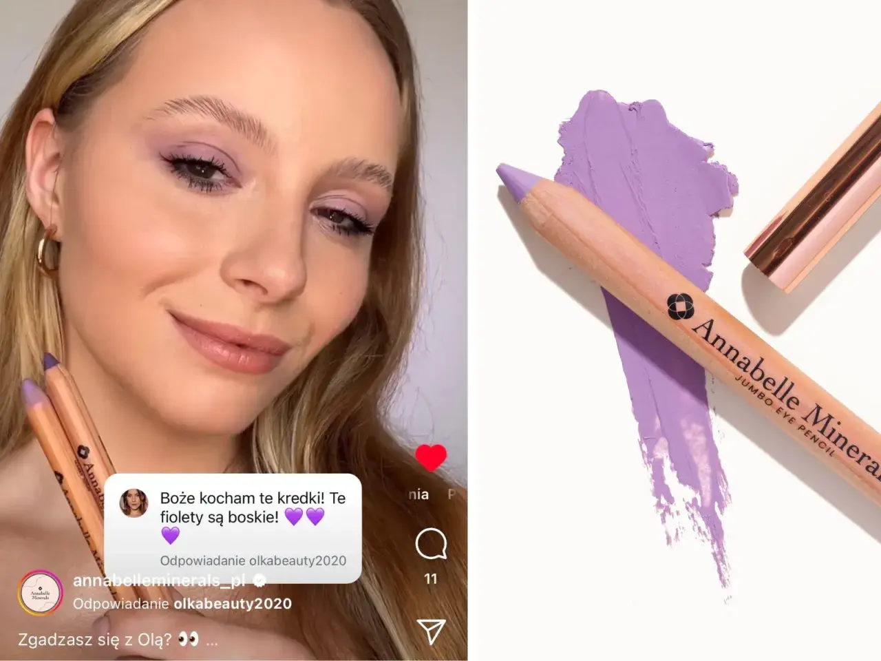 Kobieta z makijażem w odcieniach fioletu trzyma kredki do oczu. Obok swatch fioletowego kosmetyku.