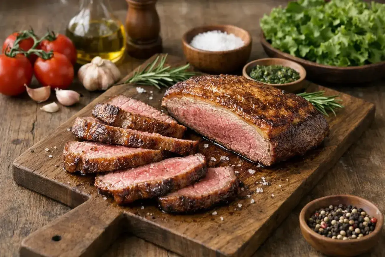 Une picanha recette parfaite : un steak juteux tranché sur une planche en bois, avec des tomates, de l'ail, du romarin et de la salade.