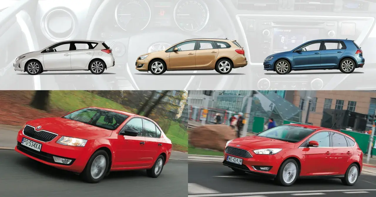 Różne typy aut: biały hatchback, złoty kombi, niebieski hatchback, czerwona Skoda i czerwony Ford Focus.