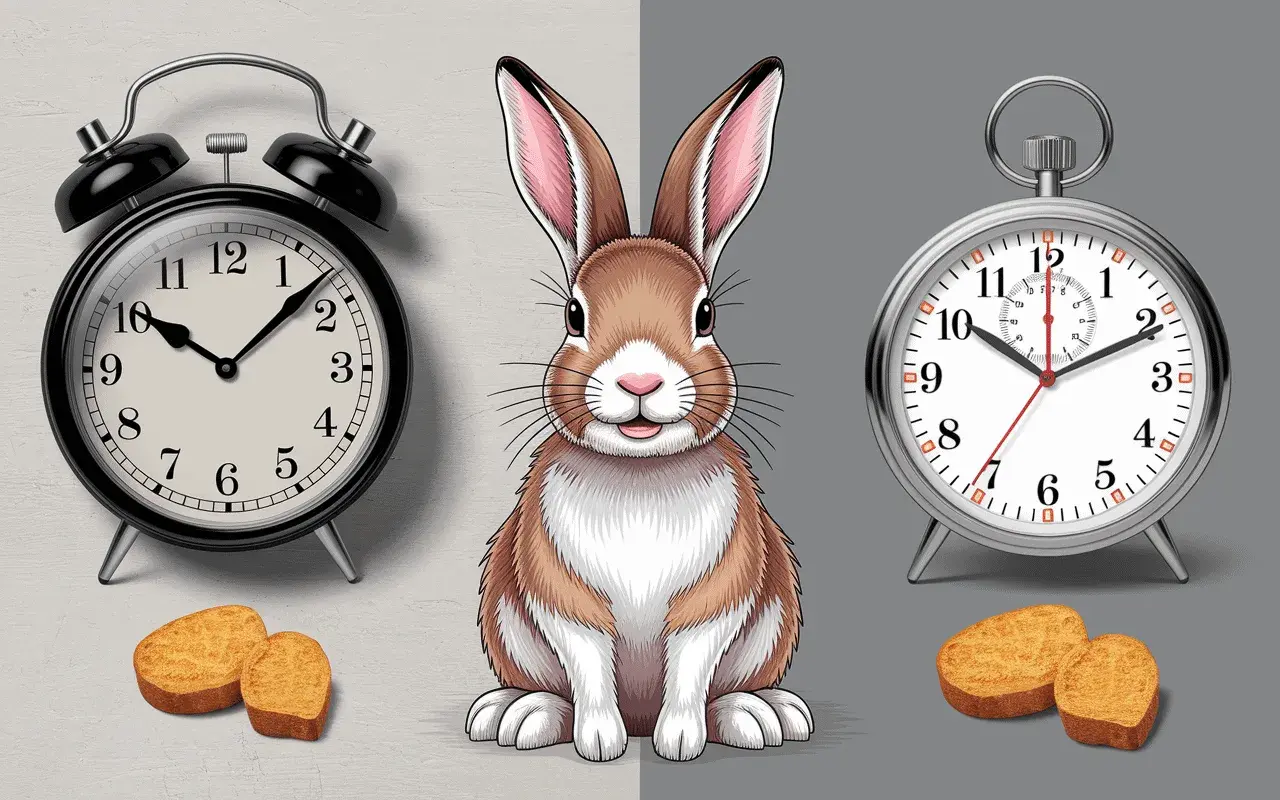 Un lapin mignon est assis entre deux réveils. Il est temps de préparer une recette de lapin !