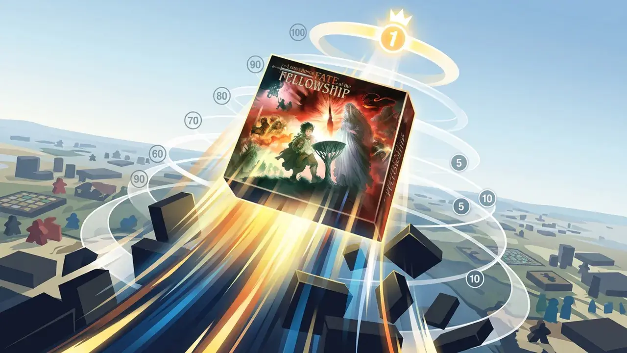 Der Herr der Ringe: Die Gefährten" schwebt über einer stilisierten Stadt, umgeben von Ranglisten, die auf seine Position in den board game geek top 100 hindeuten.