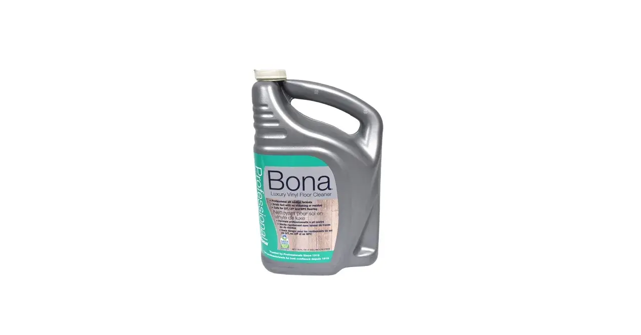 En stor grå flaska Bona Luxury Vinyl Floor Cleaner, perfekt för att rengöra ditt bona plastgolv utan ränder.