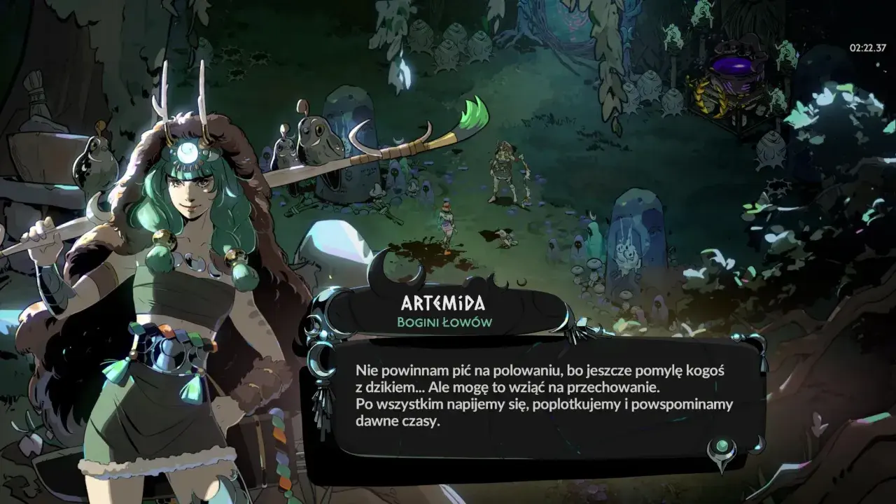 Artemida, bogini łowów, w Hades 2 na PS5, rozmawia z graczem w leśnej scenerii.
