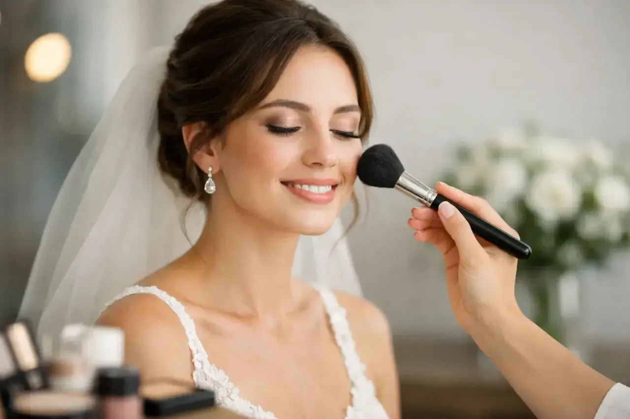 Novia sonriente recibe los últimos toques de maquillajes de novia. Un pincel aplica rubor en sus mejillas.