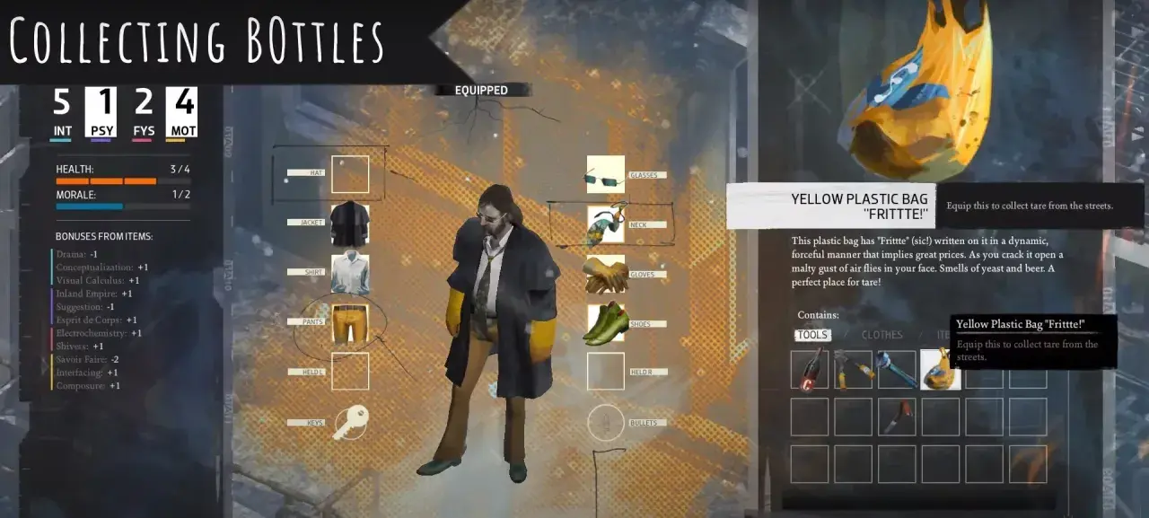 Disco Elysium poradnik: postać zbiera przedmioty, w tym żółtą torbę na uliczne skarby.