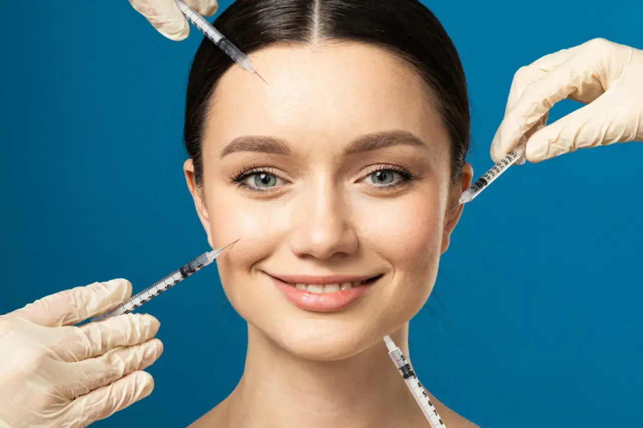 Ansiktsbehandling med botox och fillers. En kvinna ler medan flera sprutor närmar sig hennes ansikte för injektioner.