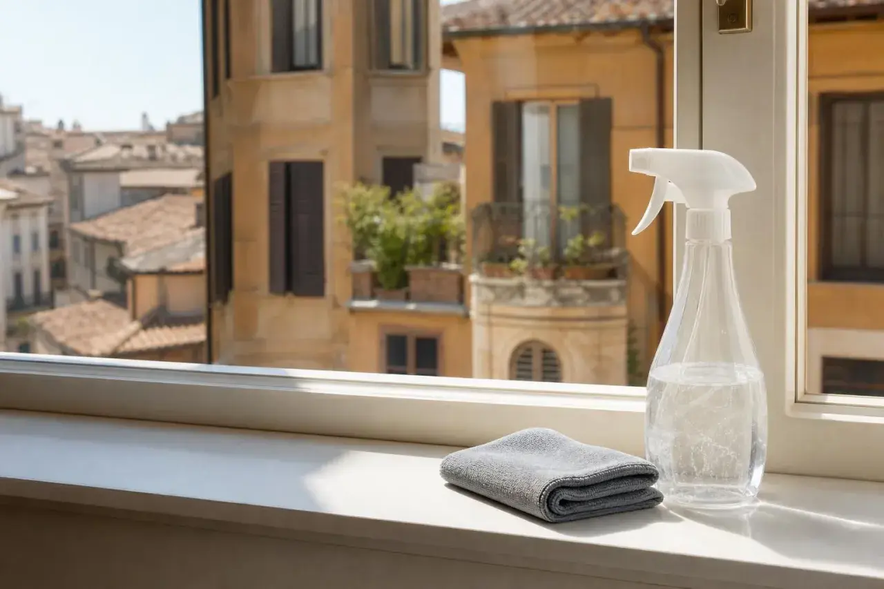 Pistola spray con liquido e panno grigio sul davanzale, pronti per dare il bianco in casa. Vista su palazzi antichi.