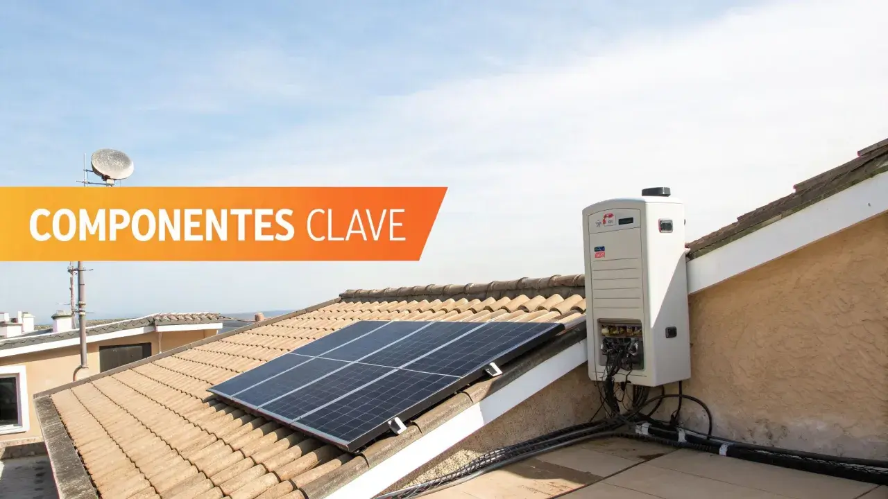 Componentes clave para saber como instalar una placa solar: paneles solares y un inversor en un tejado.