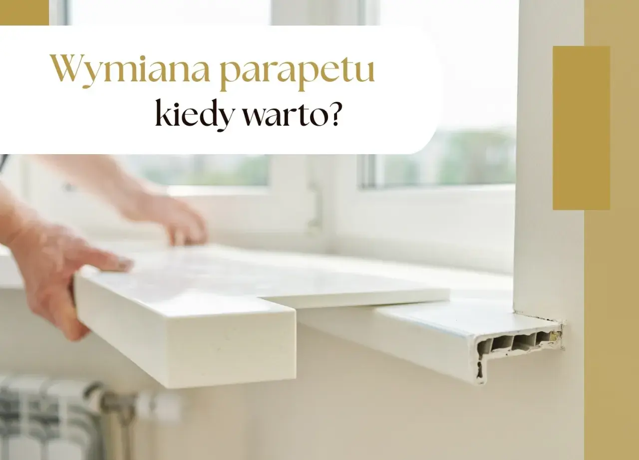 Ręce montują nowy, biały parapet wewnętrzny. Stary, zniszczony parapet jest widoczny obok.