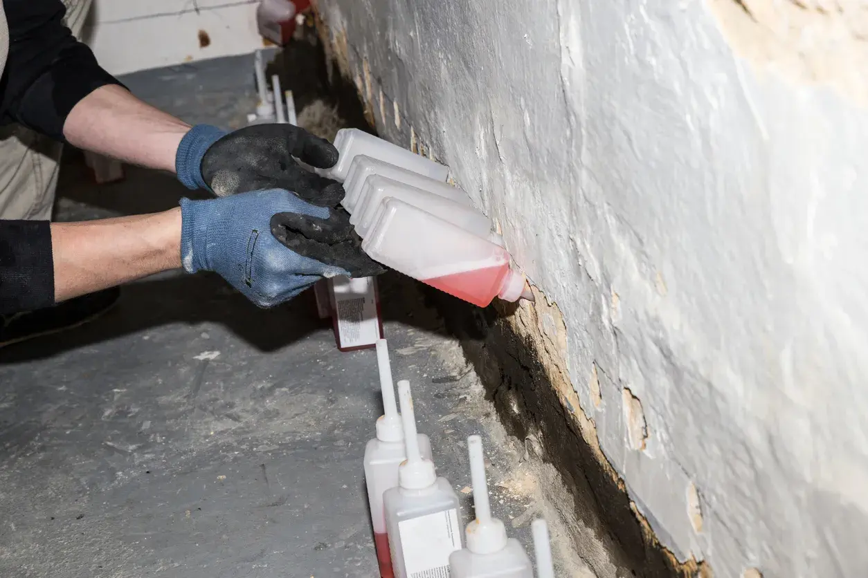 Hände mit Handschuhen führen kleine Flaschen mit roter Flüssigkeit an eine Wand, um Schachtringe abzudichten.