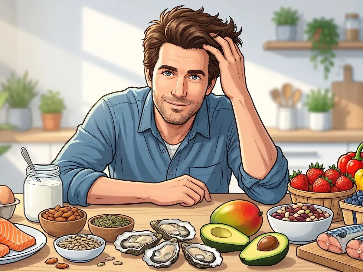 Hombre sonriente con una mesa llena de alimentos buenos para el pelo: salmón, aguacate, ostras, frutos secos y bayas.