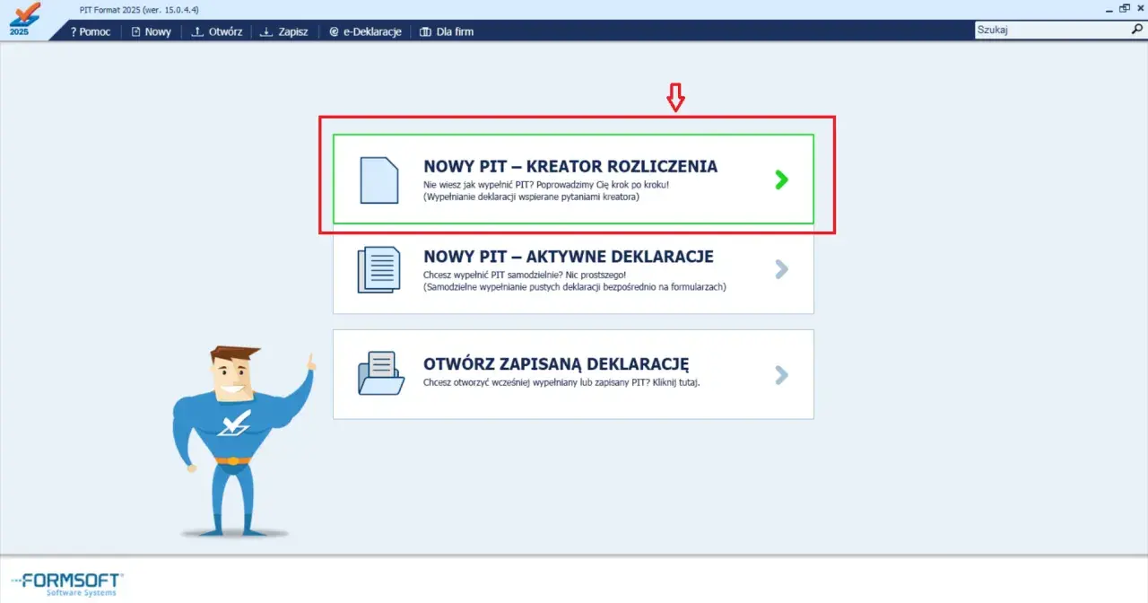 Chcesz wiedzieć, jak obliczyć podatek dochodowy? Wybierz "Nowy PIT - Kreator Rozliczenia" i pozwól programowi poprowadzić Cię krok po kroku.
