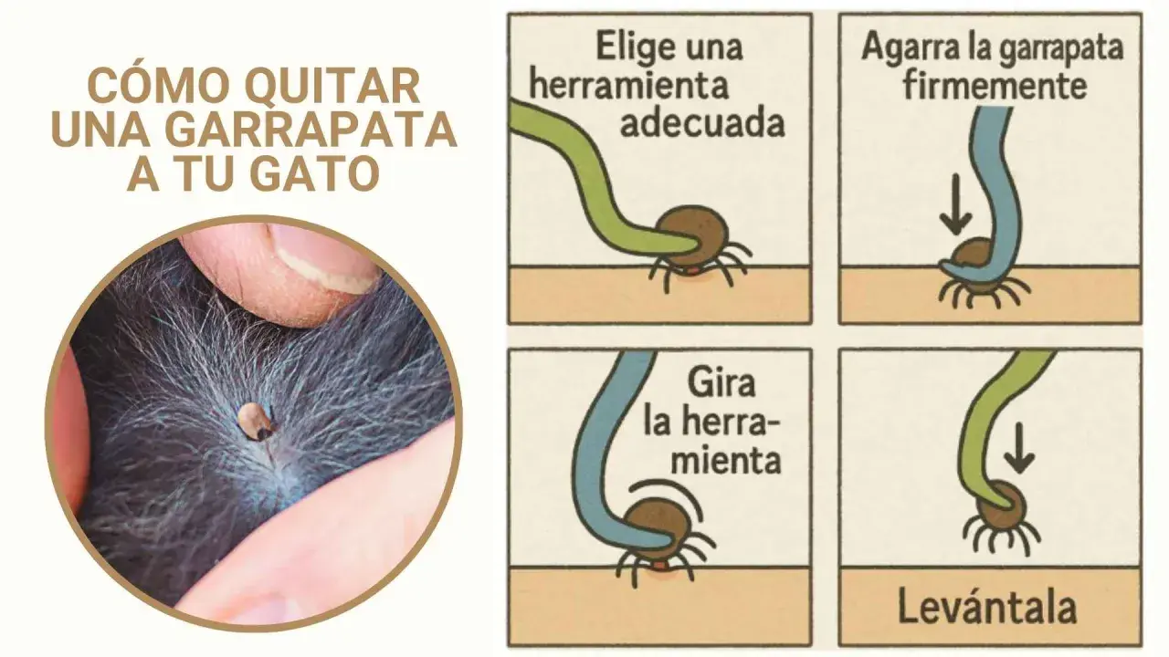 Instrucciones para quitar garrapatas en gatos: elige herramienta, agarra firmemente, gira y levanta.