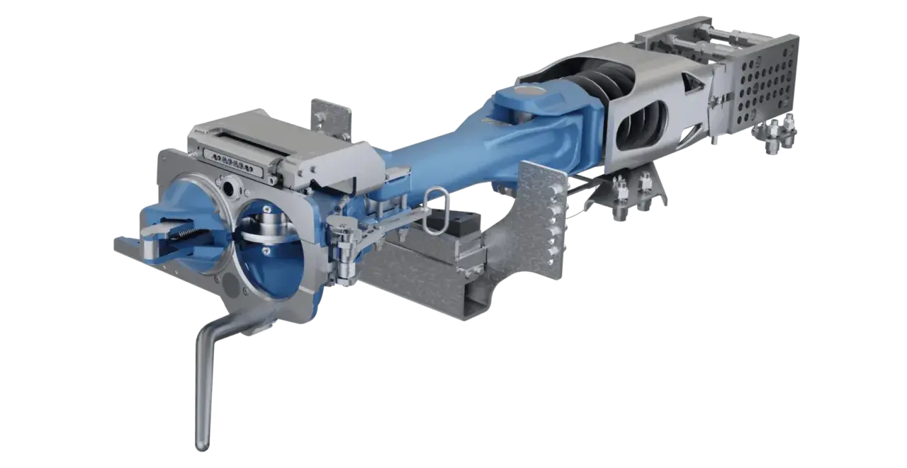 Mechanizm sprzęgła samoczynnego z niebieskimi elementami i metalowymi częściami, pokazujący jego wewnętrzną budowę.