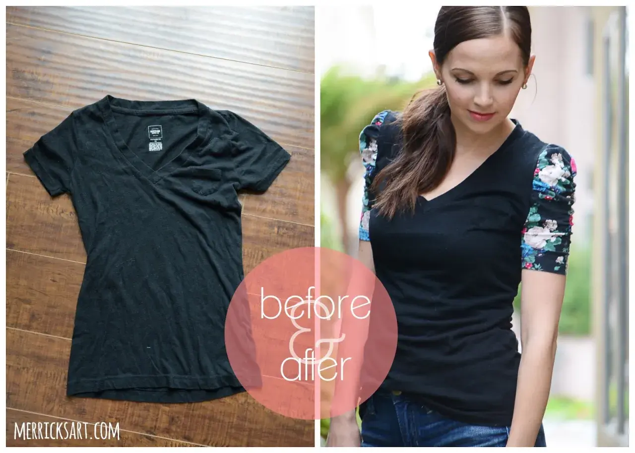Before & after: a black t-shirt transformed into a stylish shirt with floral ruched sleeves. Learn how to turn a dress into a shirt!