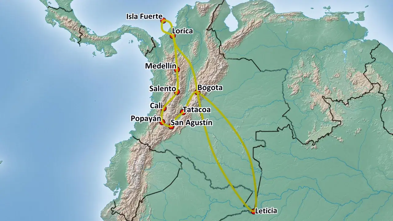 Reiseroute durch Kolumbien: Isla Fuerte, Lorica, Medellín, Salento, Cali, Popayán, Tatacoa, San Agustín und Leticia.