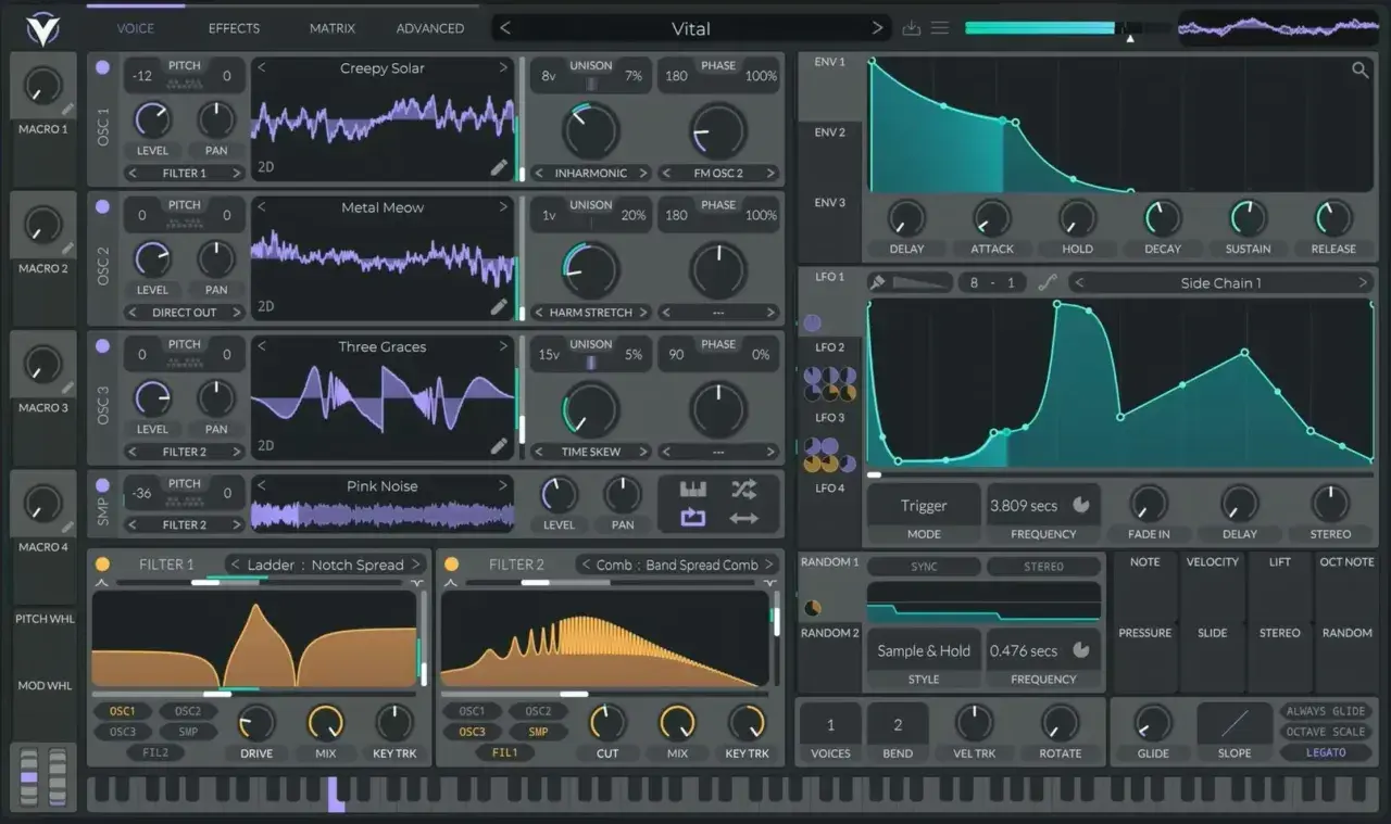 Vital VST: Synthesizer-Interface mit Wellenformen, Filtern und LFOs. Kreative Klangerzeugung.