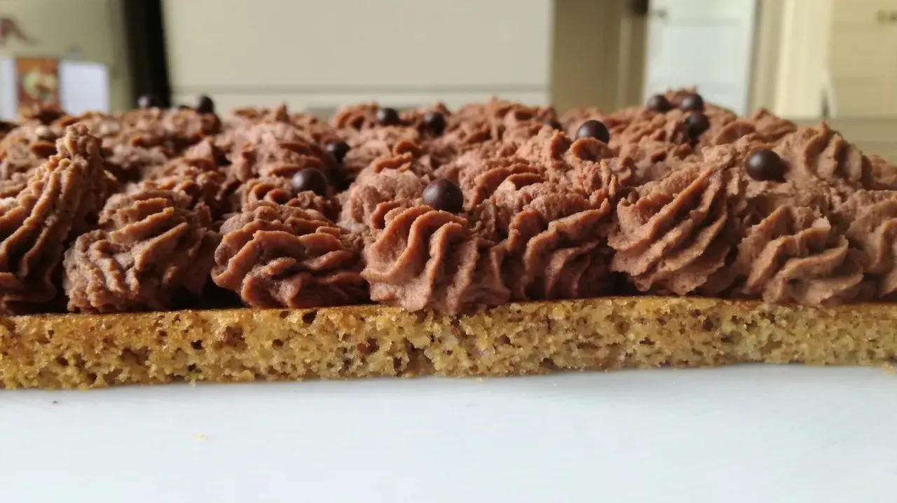 Gâteau rectangulaire avec une base de dacquoise noisette, garni d'une crème au chocolat aérienne et décoré de billes de chocolat.