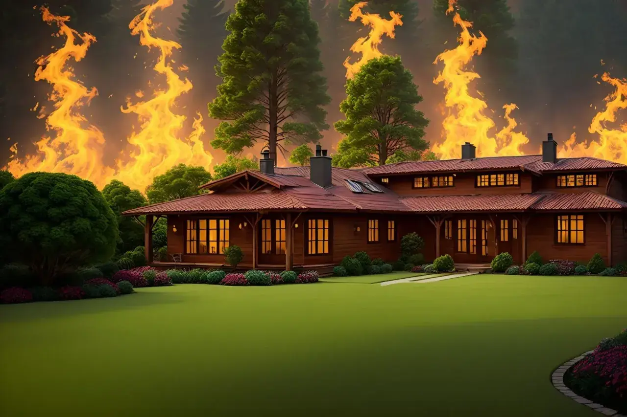 Casa de madera con llamas de fuego al fondo. El césped artificial ignífugo protege el jardín de las llamas.