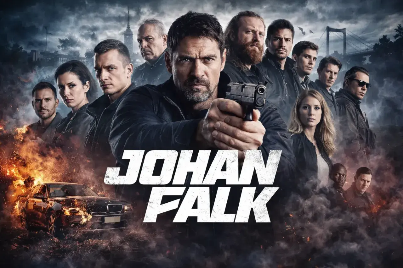 Johan Falk skådespelare i en actionfylld scen med ett team. En bil brinner i förgrunden.