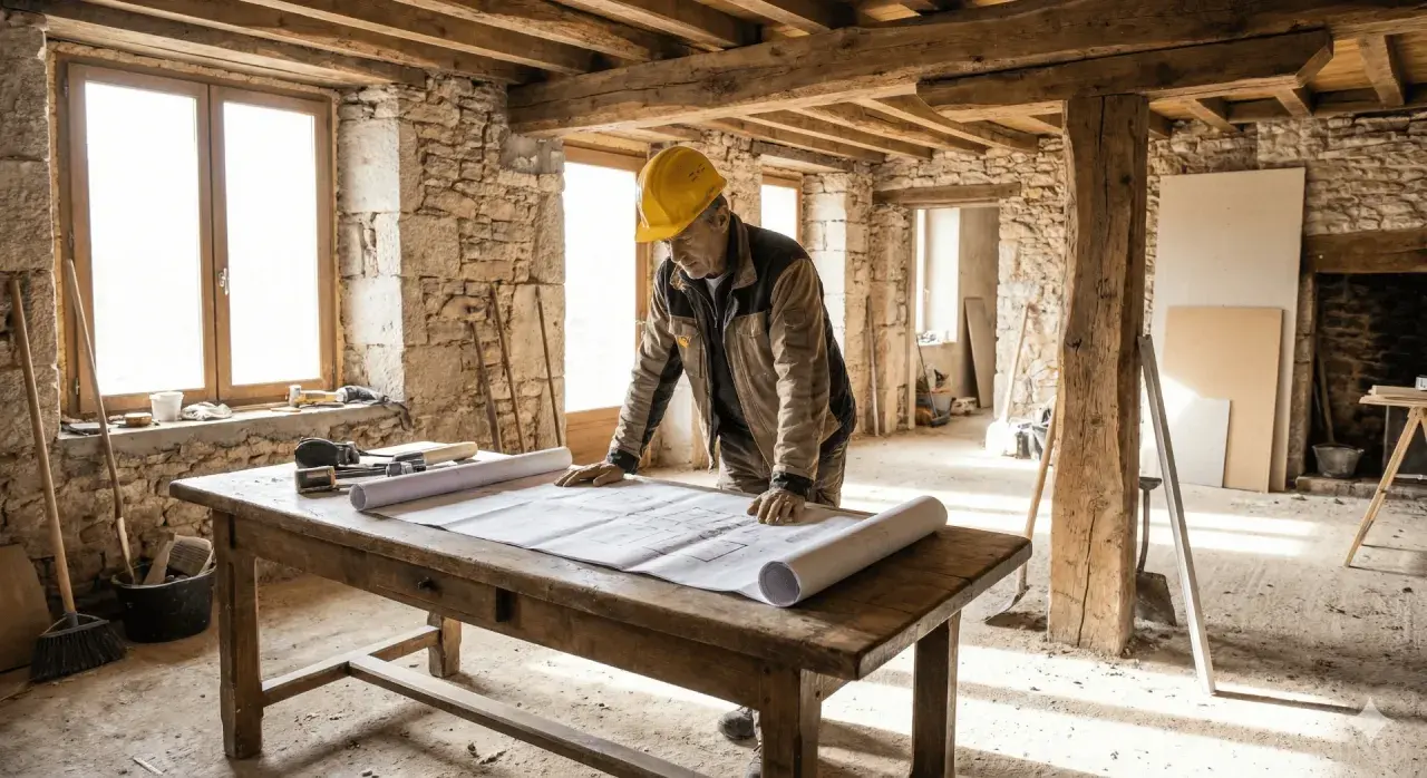 Un maître d'ouvrage, casque jaune, étudie des plans sur une table en bois dans une maison en pierre en rénovation.
