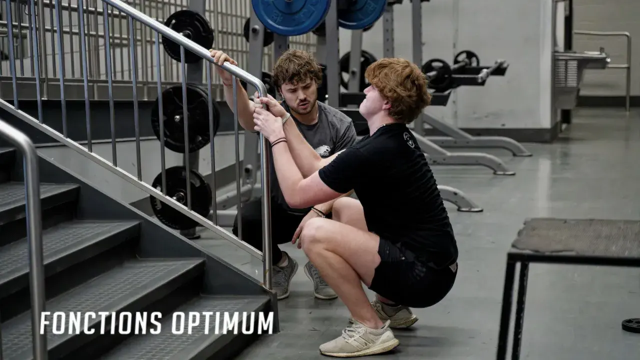 Un coach aide un athlète à améliorer sa **mobilisation articulaire** lors d'un exercice de squat près d'un escalier dans une salle de sport.
