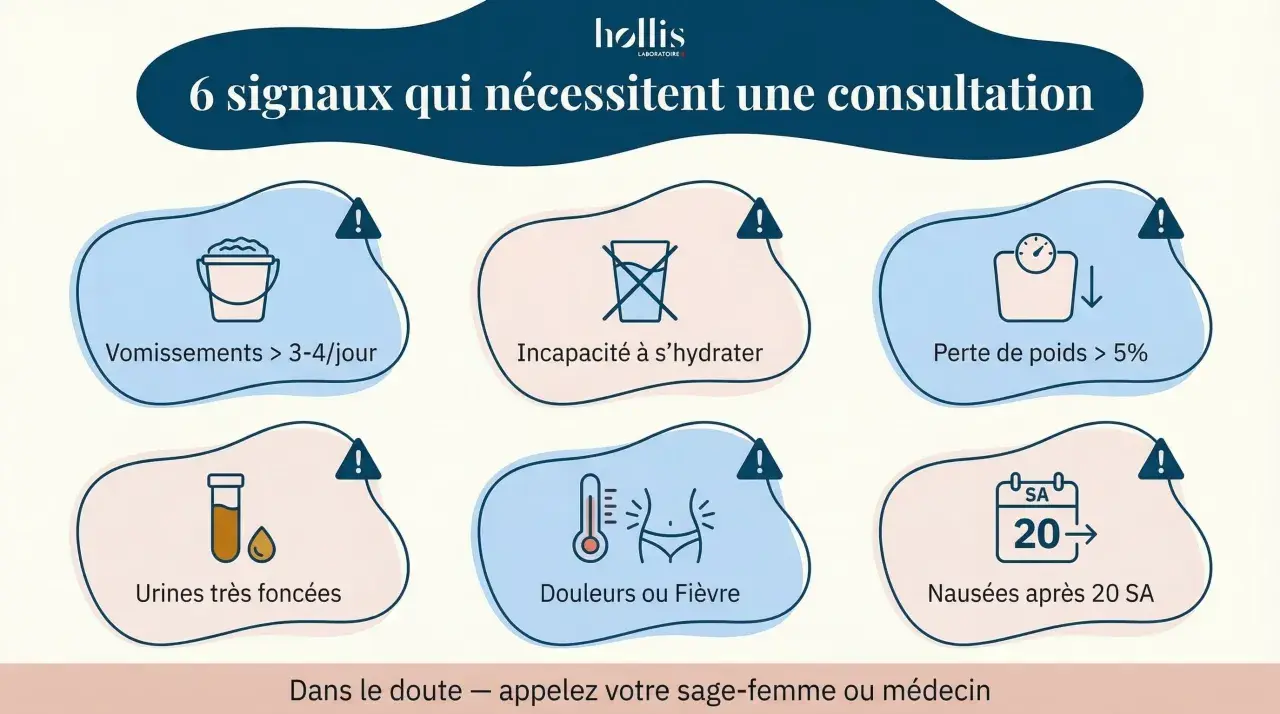 Vomissements > 3-4/jour, incapacité à s'hydrater, perte de poids > 5%, urines foncées, douleurs/fièvre, nausées après 20 SA : quand s'inquiéter pour le vomissement grossesse.