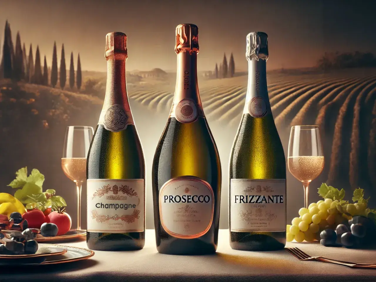 Tre bottiglie di spumante: Champagne, Prosecco e Frizzante, con calici e frutta su un tavolo, sullo sfondo di un vigneto.