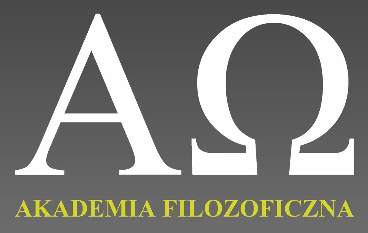 Białe greckie litery Alfa i Omega na szarym tle, poniżej żółty napis "AKADEMIA FILOZOFICZNA". Symbolizuje to początek i koniec, a także dialektykę myśli.