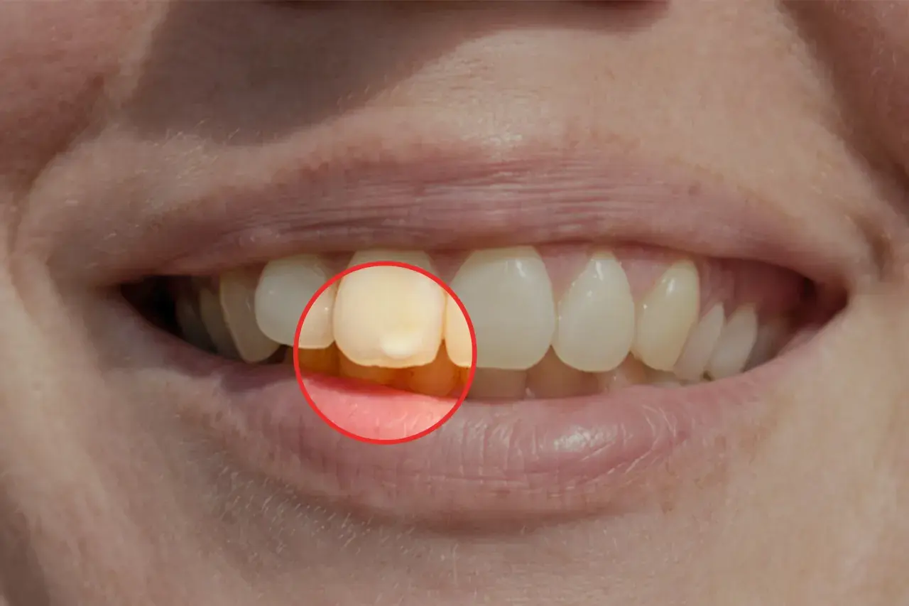 Dente con macchia gialla evidenziata da un cerchio rosso, circondato da gengive bianche e altri denti sani.