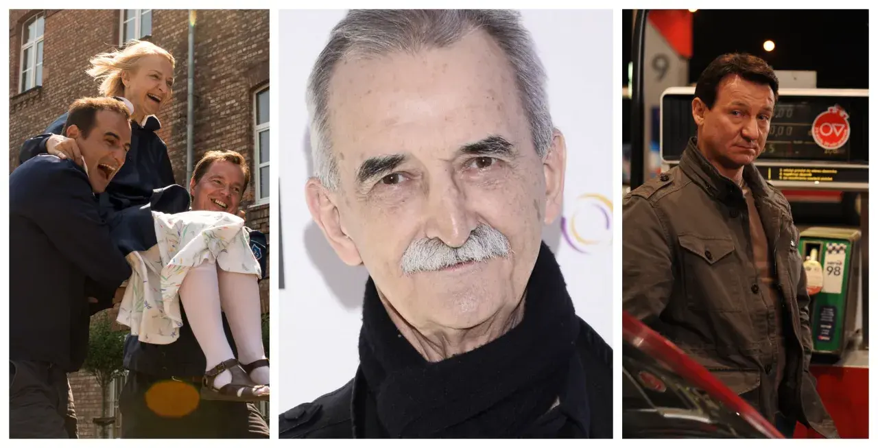 Kadr z życia Marka Koterskiego filmy: śmiech, portret i mężczyzna przy dystrybutorze paliwa.