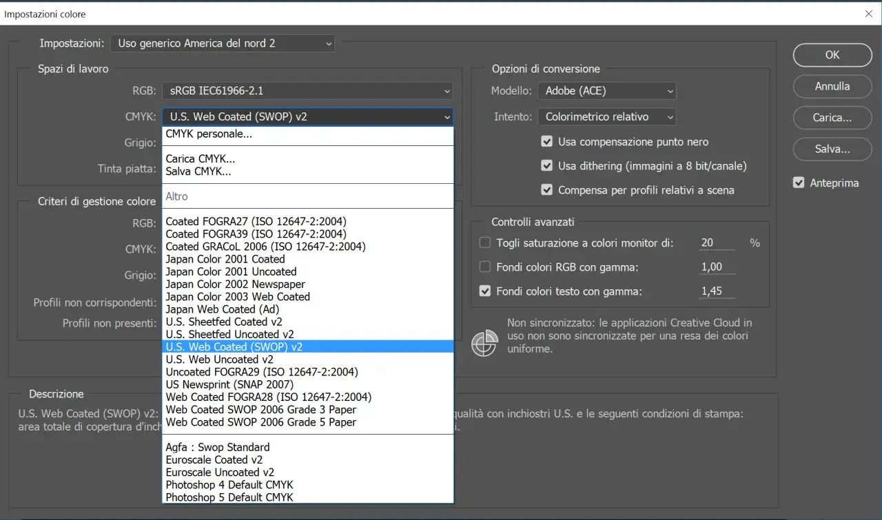 Finestra di dialogo "Impostazioni colore" con il menu a tendina CMYK aperto, che mostra "U.S. Web Coated (SWOP) v2" selezionato, un profilo colore comune per la stampa.