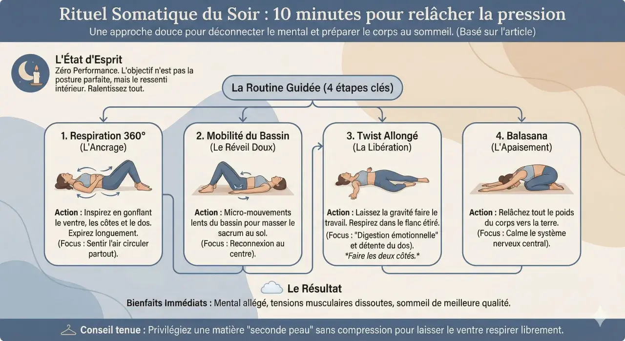Routine de yoga pour relâcher la pression : 4 exercices guidés incluant respiration, mobilité du bassin, torsion et posture de l'enfant.
